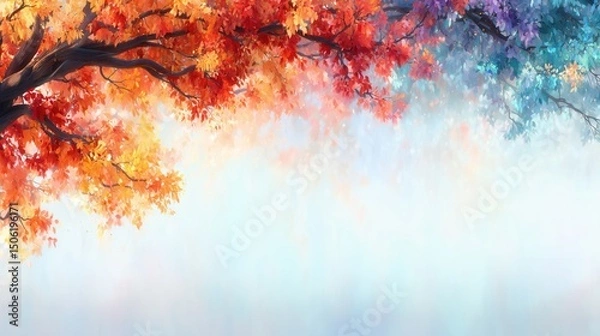 Fototapeta Colorful autumn leaves on a tree branch, soft light