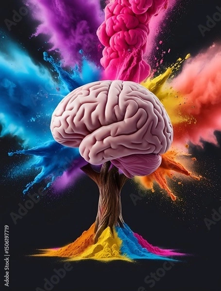 Obraz Explosion of creative brain power with vibrant colors bursting from a central human brain, symbolizing imagination, innovation, and abstract thinking on a dark studio background

