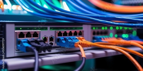 Obraz High speed Ethernet cables connected to network switch in modern data center server room, representing fast internet connection, data transfer, cloud computing, and IT infrastructure

