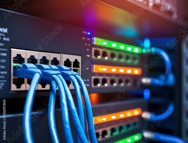 Obraz High speed Ethernet cables connected to network switch in modern data center server room, representing fast internet connection, data transfer, cloud computing, and IT infrastructure

