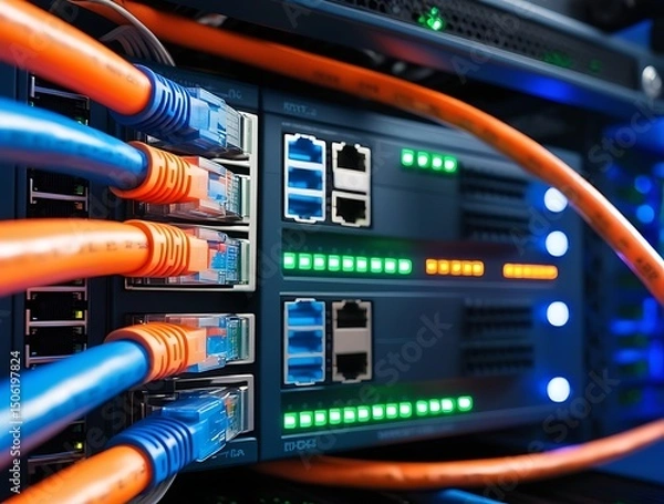 Obraz High speed Ethernet cables connected to network switch in modern data center server room, representing fast internet connection, data transfer, cloud computing, and IT infrastructure

