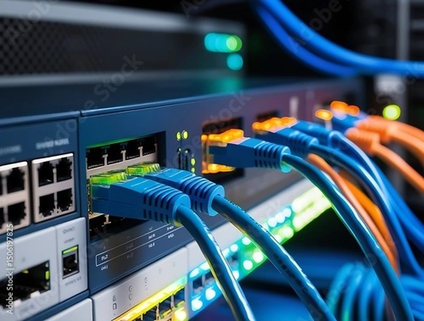 Obraz High speed Ethernet cables connected to network switch in modern data center server room, representing fast internet connection, data transfer, cloud computing, and IT infrastructure

