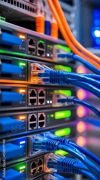 Obraz High speed Ethernet cables connected to network switch in modern data center server room, representing fast internet connection, data transfer, cloud computing, and IT infrastructure

