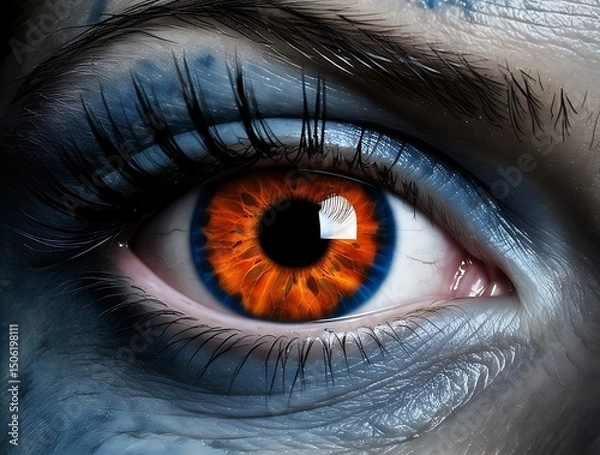 Obraz Close-up of a human eye with a striking orange and blue iris, surrounded by detailed skin texture and dramatic lighting, creating a surreal and intense visual atmosphere

