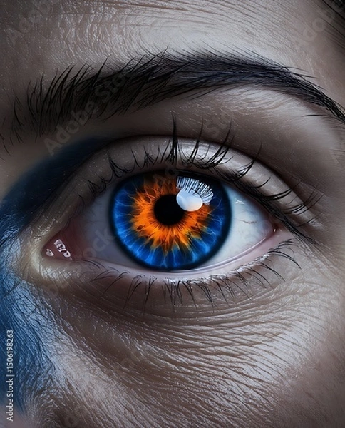 Obraz Close-up of a human eye with a striking orange and blue iris, surrounded by detailed skin texture and dramatic lighting, creating a surreal and intense visual atmosphere

