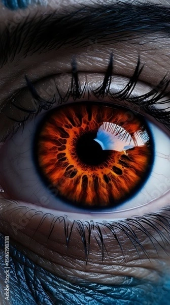 Obraz Close-up of a human eye with a striking orange and blue iris, surrounded by detailed skin texture and dramatic lighting, creating a surreal and intense visual atmosphere

