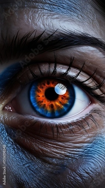 Obraz Close-up of a human eye with a striking orange and blue iris, surrounded by detailed skin texture and dramatic lighting, creating a surreal and intense visual atmosphere

