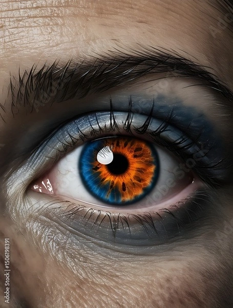 Obraz Close-up of a human eye with a striking orange and blue iris, surrounded by detailed skin texture and dramatic lighting, creating a surreal and intense visual atmosphere

