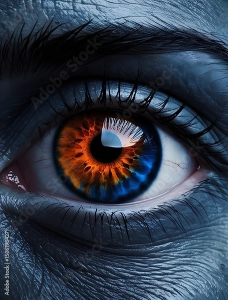 Obraz Close-up of a human eye with a striking orange and blue iris, surrounded by detailed skin texture and dramatic lighting, creating a surreal and intense visual atmosphere

