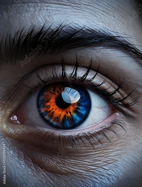 Obraz Close-up of a human eye with a striking orange and blue iris, surrounded by detailed skin texture and dramatic lighting, creating a surreal and intense visual atmosphere

