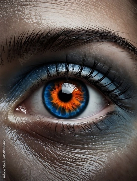 Obraz Close-up of a human eye with a striking orange and blue iris, surrounded by detailed skin texture and dramatic lighting, creating a surreal and intense visual atmosphere

