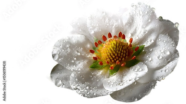 Fototapeta White Flower with Dew Drops Macro Photography Nature Closeup