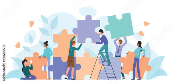 Obraz Teamwork, startup character flat vector illustration business concept with giant puzzle. Teamwork partnership metaphor. Team building training, project management, group motivation, brainstorming