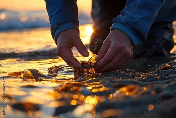 Obraz Beachcomber finds golden treasure on shore