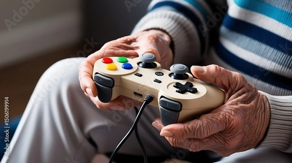 Obraz Elderly person holding a modern video game controller while seated, showcasing intergenerational technology use, gaming hobbies, and active senior lifestyle at home

