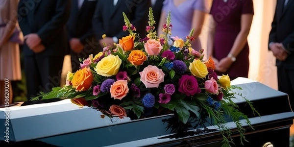 Obraz Close-up of a polished casket adorned with vibrant roses and floral arrangements during an outdoor funeral ceremony, with mourners respectfully standing in the background

