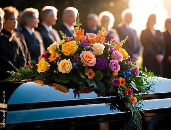 Obraz Close-up of a polished casket adorned with vibrant roses and floral arrangements during an outdoor funeral ceremony, with mourners respectfully standing in the background

