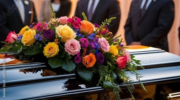 Obraz Close-up of a polished casket adorned with vibrant roses and floral arrangements during an outdoor funeral ceremony, with mourners respectfully standing in the background

