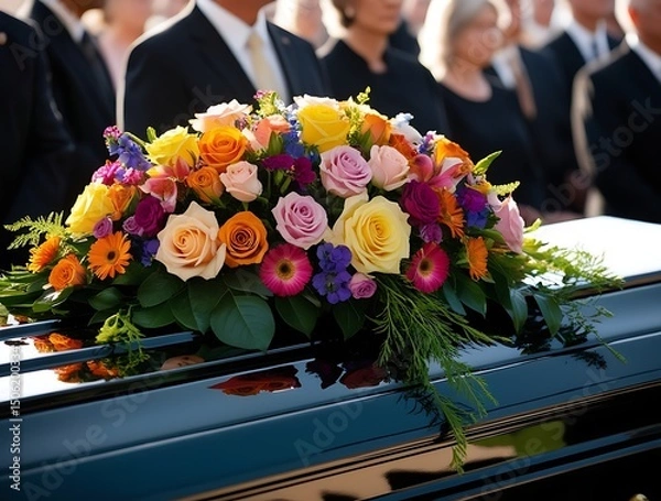 Obraz Close-up of a polished casket adorned with vibrant roses and floral arrangements during an outdoor funeral ceremony, with mourners respectfully standing in the background

