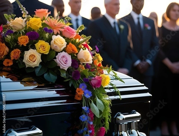 Obraz Close-up of a polished casket adorned with vibrant roses and floral arrangements during an outdoor funeral ceremony, with mourners respectfully standing in the background

