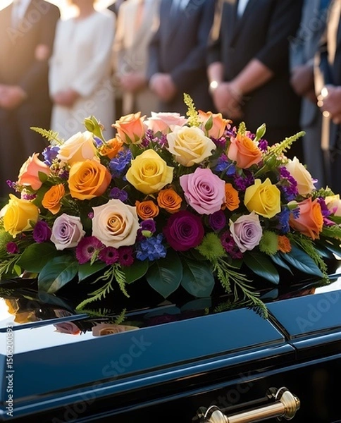 Obraz Close-up of a polished casket adorned with vibrant roses and floral arrangements during an outdoor funeral ceremony, with mourners respectfully standing in the background

