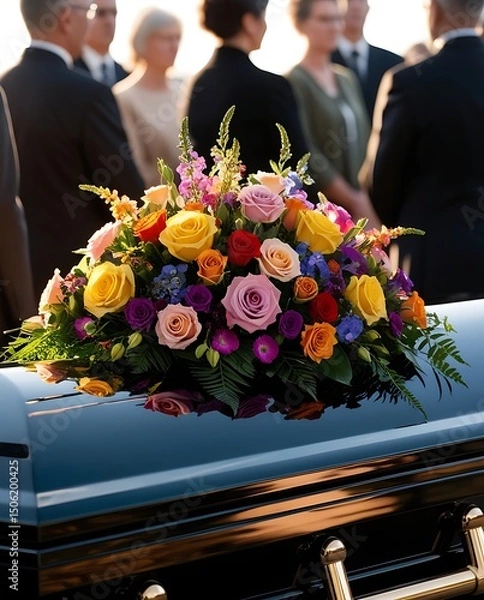 Obraz Close-up of a polished casket adorned with vibrant roses and floral arrangements during an outdoor funeral ceremony, with mourners respectfully standing in the background

