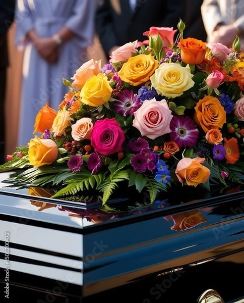 Obraz Close-up of a polished casket adorned with vibrant roses and floral arrangements during an outdoor funeral ceremony, with mourners respectfully standing in the background


