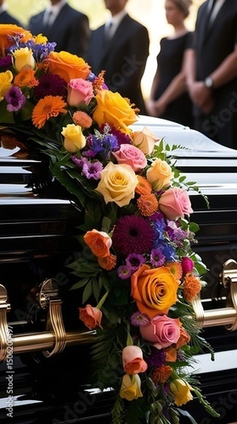 Obraz Close-up of a polished casket adorned with vibrant roses and floral arrangements during an outdoor funeral ceremony, with mourners respectfully standing in the background

