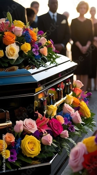 Obraz Close-up of a polished casket adorned with vibrant roses and floral arrangements during an outdoor funeral ceremony, with mourners respectfully standing in the background

