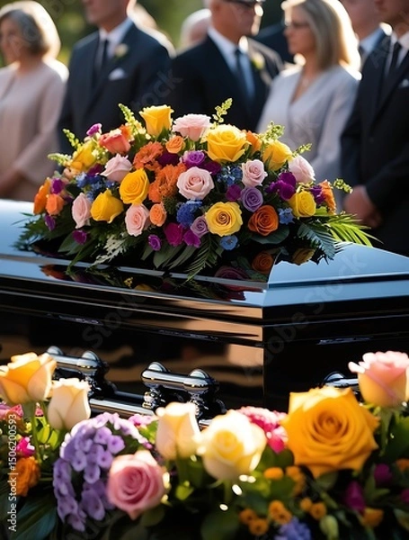 Obraz Close-up of a polished casket adorned with vibrant roses and floral arrangements during an outdoor funeral ceremony, with mourners respectfully standing in the background


