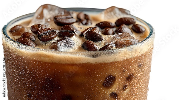 Fototapeta Iced Coffee with Coffee Beans and Ice Cubes CloseUp