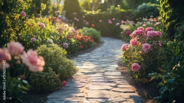 Fototapeta Pathway lined with colorful roses illuminates a tranquil garden during golden hour
