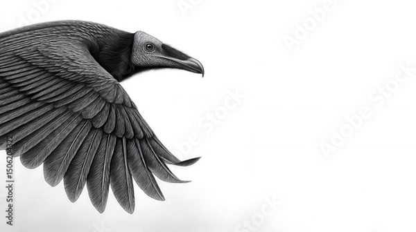 Fototapeta A close-up view of a vulture in flight, detailed rendering in grayscale, against a plain white background