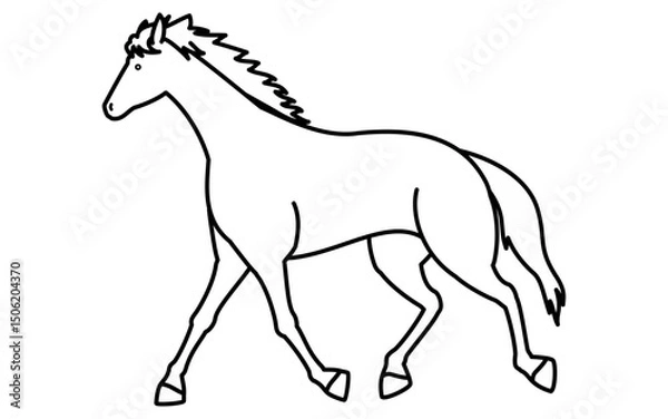Fototapeta 歩く馬のシンプルな線画、白黒のベクターイラスト