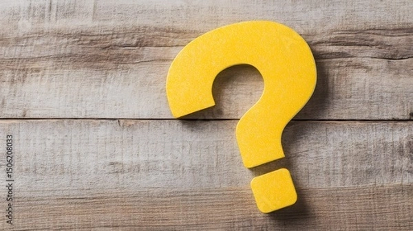 Fototapeta Yellow Question Mark on Wooden Background,  Uncertainty, Inquiry, Question Concept