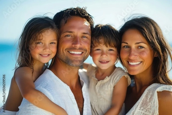 Fototapeta Happy family of four smiling together outdoors with ocean background on a sunny day