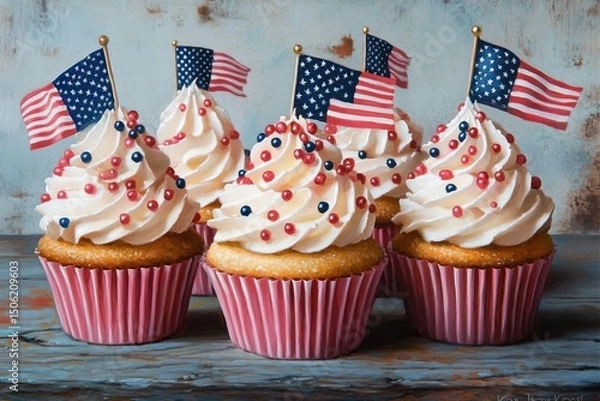 Fototapeta Five cupcakes with pink liners topped with white frosting, red and blue sprinkles, and small American flags on wooden surface, rustic background