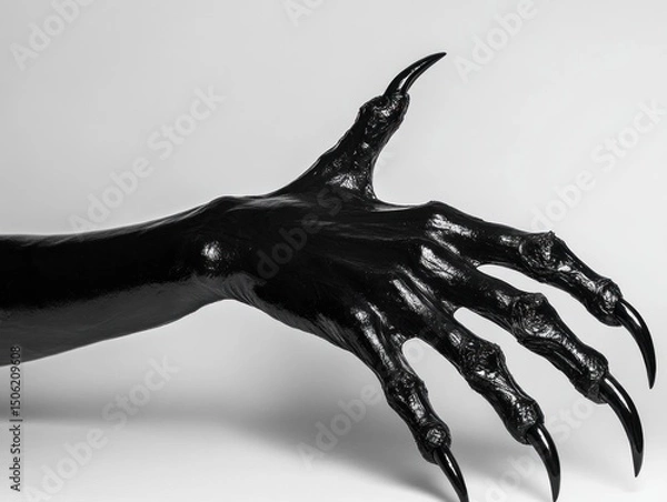 Fototapeta black shiny clawed hand with elongated fingers and sharp talons against a plain light background evoking eerie and supernatural feeling