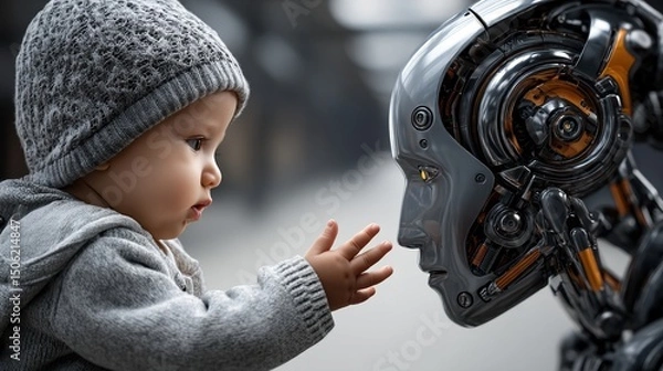 Fototapeta Curious baby interacting with futuristic robot in a heartwarming moment