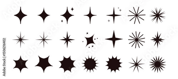 Fototapeta Stars of different shapes icon set, black design elements of bright light sparkles and shines, starburst. Geometric stars twinkle and glow, simple minimal sparks bling and flare vector illustration