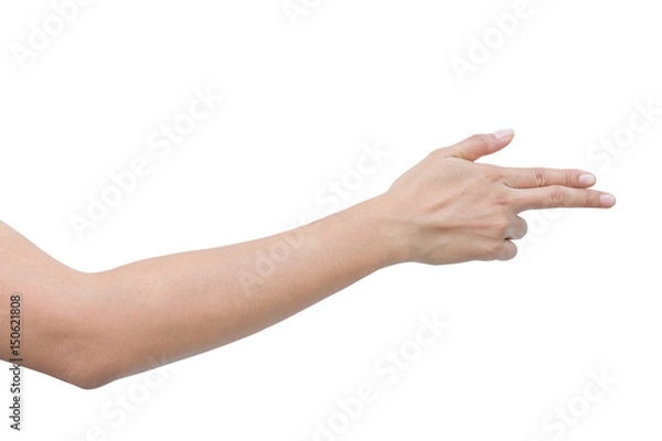 Obraz Right back hand a woman show forefinger, index finger and thumb action in correct, pointing, shoot sign. isolated on white background