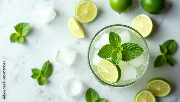 Fototapeta Ultra high-resolution flatlay of a refreshing mojito in a transparent glass, filled with crushed ice, fresh lime slices, and vibrant mint leaves. 
