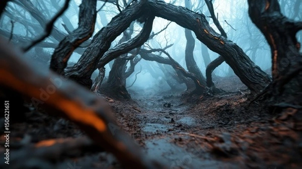 Fototapeta Eerie Forest Path Through Overhanging Branches