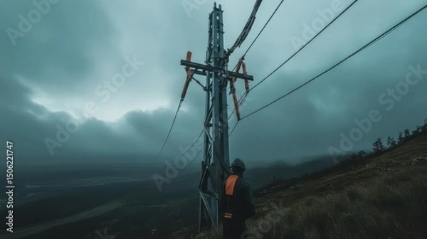 Fototapeta Electrical Worker Inspecting Power Lines on Misty Hillside