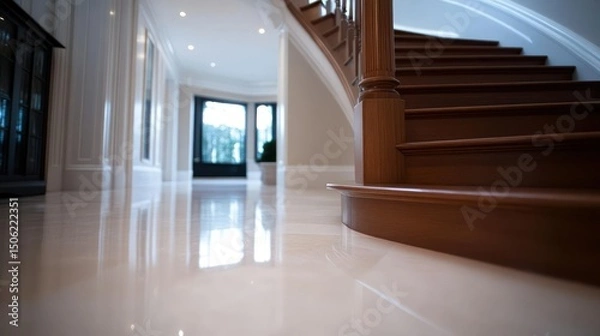 Fototapeta Elegant Home Foyer with Wood Staircase and Polished Marble Floor