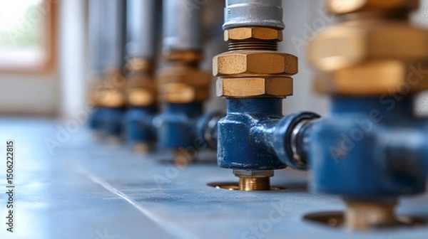 Fototapeta Close-up of hydronic pipes installed beneath flooring, illustrating efficient heat distribution in underfloor heating systems with neat layout and modern construction techniques.

