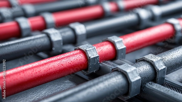 Fototapeta Close-up of hydronic pipes installed beneath flooring, illustrating efficient heat distribution in underfloor heating systems with neat layout and modern construction techniques.

