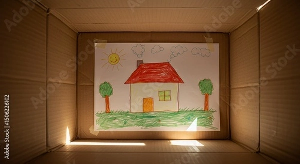 Obraz Child's Drawing of a House Inside Cardboard Box: A Dream of Home