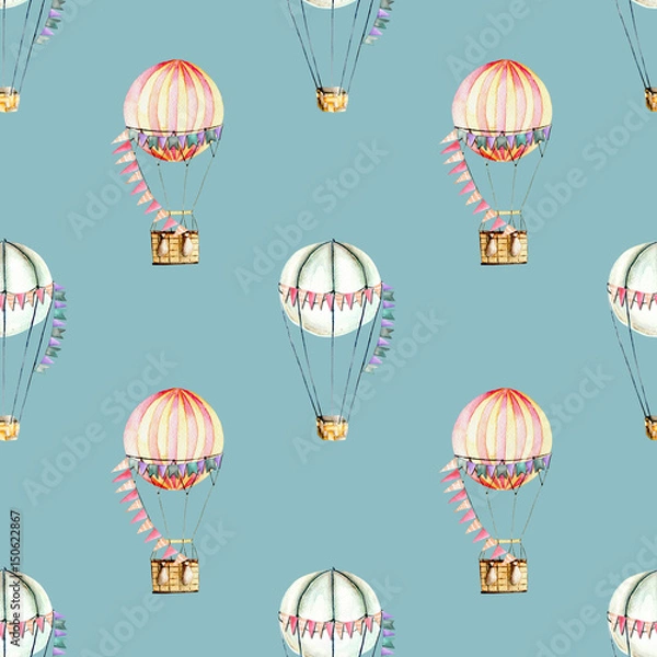 Fototapeta Seamless pattern with watercolor festive air balloons (aerostats), hand drawn isolated on a blue background