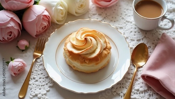 Fototapeta Flatlay of a pastry on a vintage gold-trimmed porcelain plate, placed over an ivory lace tablecloth. Surrounded by blush pink and white peonies, a gold dessert fork, a dusty rose linen nap